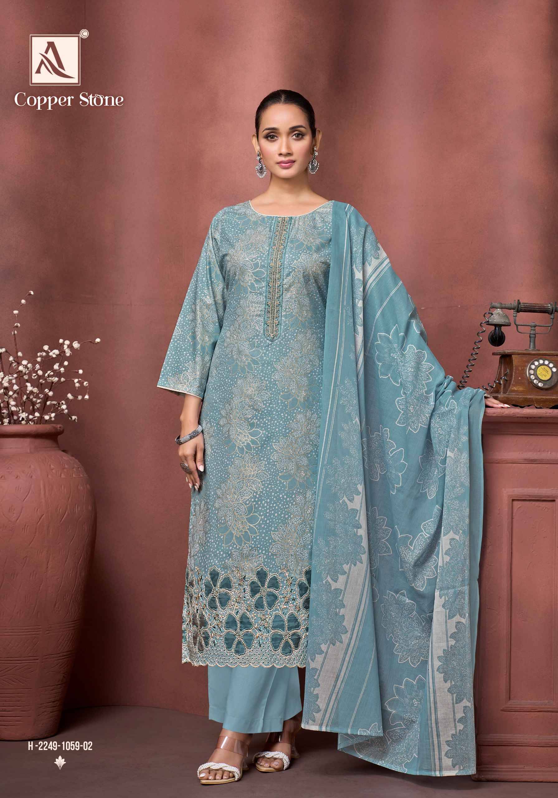 COPPER STONE 1059 By Alok Pakistani Stylish Beautiful Colourful Printed & Embroidered Party Wear & Occasional Wear Pure cotton Dresses At Wholesale Price